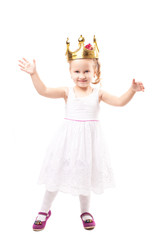 Cute little girl with gold crown isolated
