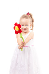 Cute little girl with toy flower isolated