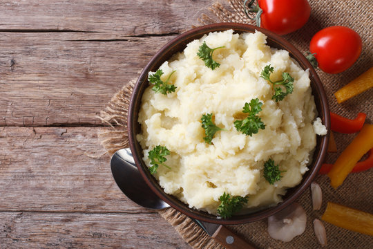 Mashed Potatoes With Parsley Closeup. Horizontal Top View