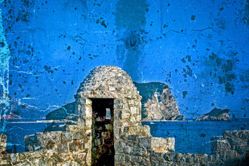 Old photos wit fortress of the old town of Budva, Montenegro