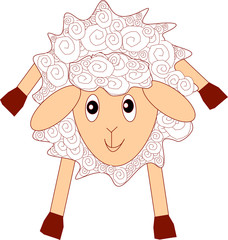 White fluffy  fun curly sheep, illustration for calendar