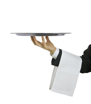 Waiter with tray with copy space and white background
