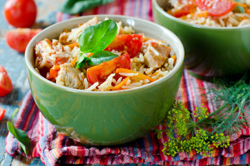 Rice fried rice with meat and vegetables