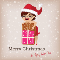 Christmas card with cute santa girl