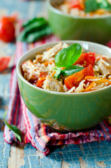 Rice fried rice with meat and vegetables
