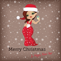 Christmas card with cute santa girl
