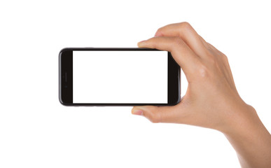 Hand holding mobile smart phone with blank screen Isolated on wh