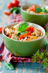 Rice fried rice with meat and vegetables