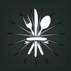 knife, fork and spoon with label