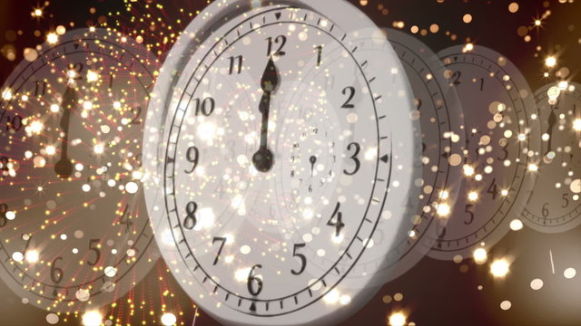 Clock counting down to midnight with fireworks