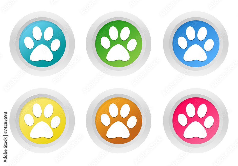 Wall mural set of rounded colorful buttons with pet footprints symbol