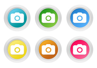 Set of rounded colorful buttons with camera symbol