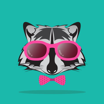 Vector images of raccoon and glasses on blue background.