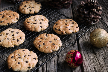 Obraz na płótnie Canvas Chocolate Chip Cookies at Christmas Time. Horizontal
