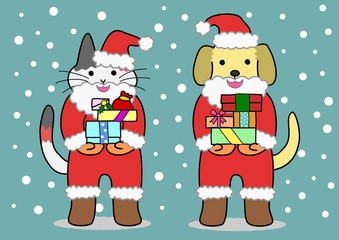 サンタの扮装の猫と犬