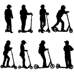 Set of silhouettes of children riding on scooters. Vector illust