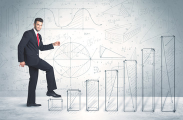 Business man climbing up on hand drawn graphs concept