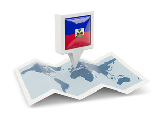 Square pin with flag of haiti on the map