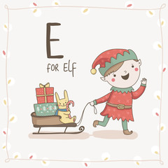 Cute vector alphabet Christmas. Letter E - ELf - 74271529