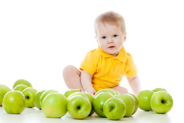 Fototapeta na wymiar Smiling baby with many green apples
