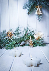 christmas decorations with snow covered twig
