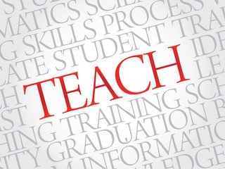 TEACH. Word education collage on gray vector background