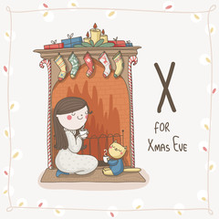 Cute vector Alphabet Christmas. Letter X - Xmas Eve - 74272110