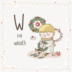 Cute vector Alphabet Christmas. Letter W - Wreath