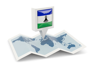 Square pin with flag of lesotho on the map