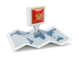 Square pin with flag of montenegro on the map