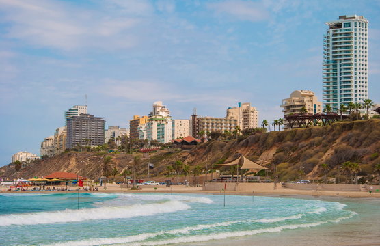 View of  beach and  waterfront city of Netanya in Israel