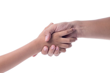 Shaking hands of man and boy , on white