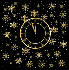 Obraz na płótnie Canvas clock on a black christmas background with snowflakes