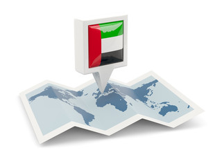 Square pin with flag of united arab emirates on the map