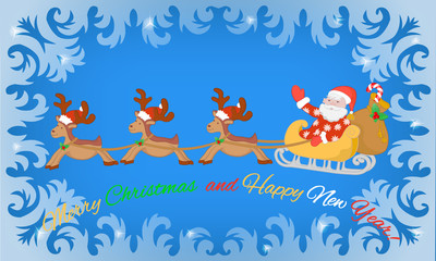 Fototapeta na wymiar Santa Claus in sleigh, reindeer and frosty pattern