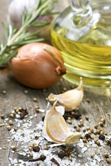 garlic, spices, onion, salt, olive oil