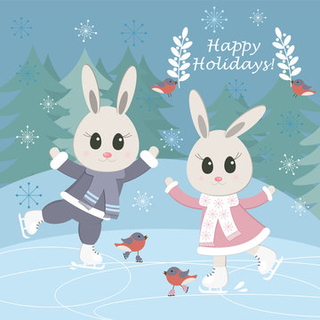 Сhristmas postcard with funny bunnies and birds skating