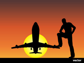 Fototapeta na wymiar Vector man silhouette with plane at sunset