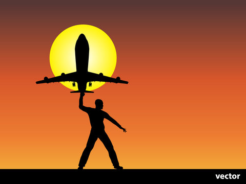 Vector man silhouette with plane at sunset