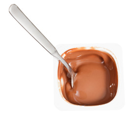 chocolate yoghurt and spoon in plastic cup