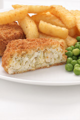 Fishcake Chips and Peas