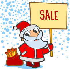 Santa with a bag of gifts and banner