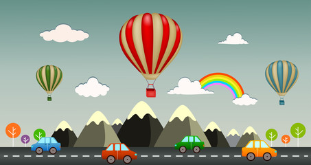 Hot air balloon with view highway