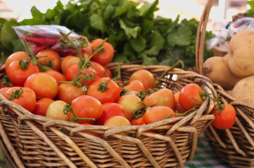 Fototapeta na wymiar basket of fresh tomatoes at the local market