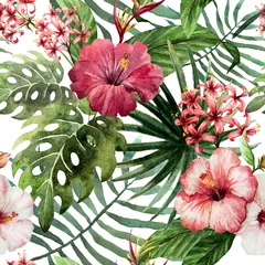 Wall murals Hibiscus pattern orchid hibiscus leaves watercolor tropics