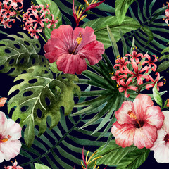 Panele Szklane  wzór orchidea liście hibiskusa akwarela tropików