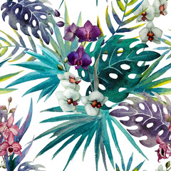 pattern orchid hibiscus leaves watercolor tropics - obrazy, fototapety, plakaty