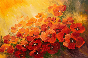 Oil Painting - abstract illustration of poppies on a red-yellow