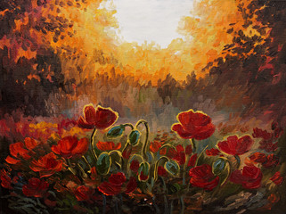 Oil Painting - abstract illustration of poppies on a red-yellow
