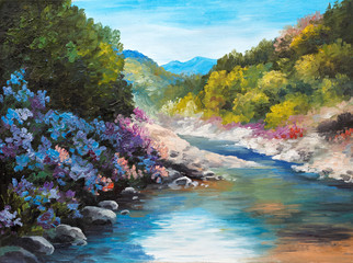 Oil Painting - mountain river, flowers near the rocks